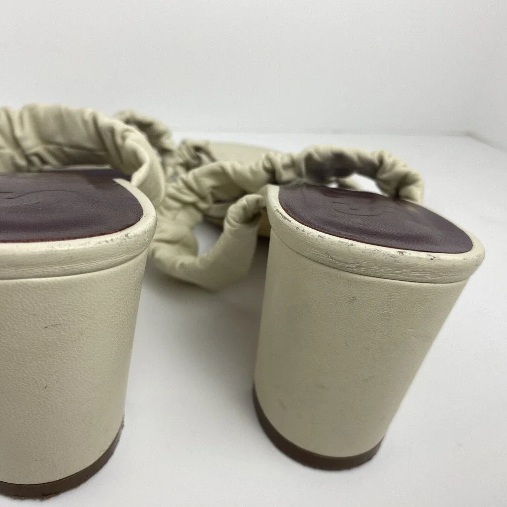 Staud Womens Size 37 Frankie Ruched‎ Leather Mules Block Heel Strap Sandal Ivory